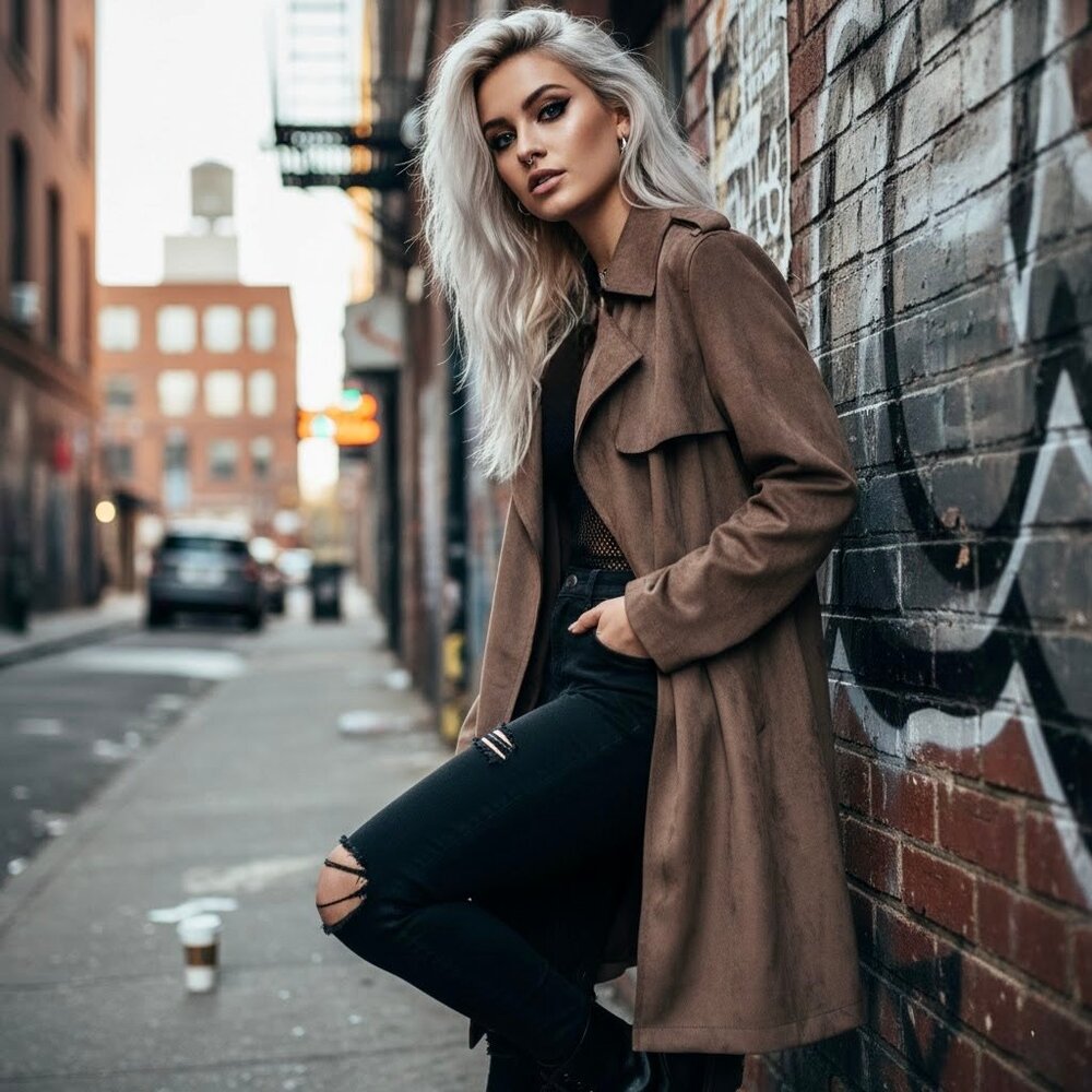 Ookie & Lala Scuba & Faux Suede Long Trench Coat - Brown - Small - NWT